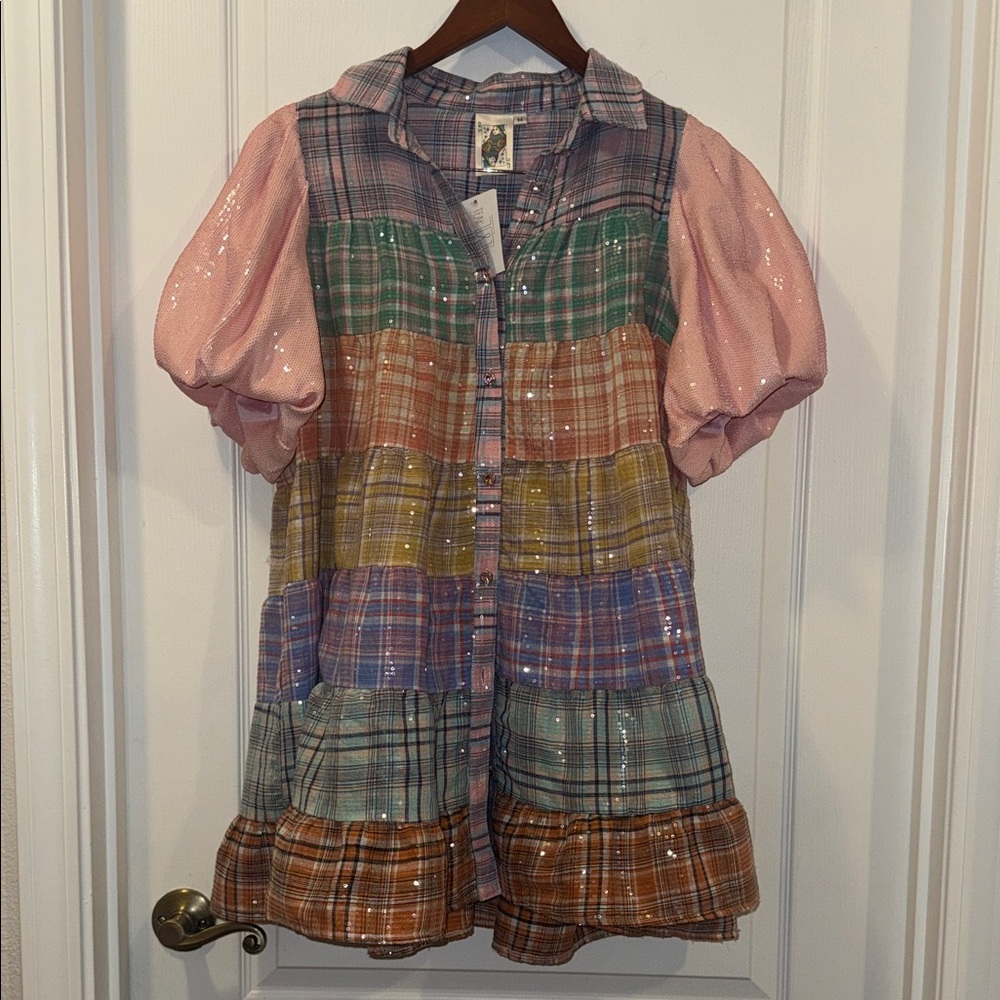 Colorful Plaid sequin Dress with Puff Sleeves